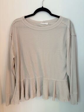 Lush, Waffle Knit Ruffle Hem, Peplum Long Sleeve Top - Cream